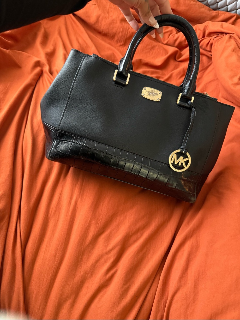 Michael Kors Black Leather Satchel with Gold Tone MK Charm